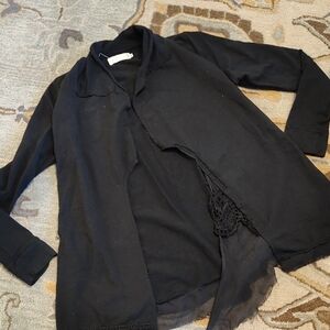 Women's Black Open-Front Draped Cardigan jacket with  Chiffon Lace Crochet Trim